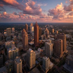 Aerial View of Atlanta Skyline with Dramatic Sunset and Colorful Clouds Above Cityscape