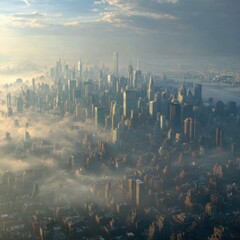 Aerial View of a City Emerging from Fog Under a Bright Sky at Dawn with Skyscrapers and Urban Landscape