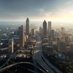 Aerial View of Urban Skyline at Sunrise with Highway Through City Center and Modern Skyscrapers Against Clear Sky