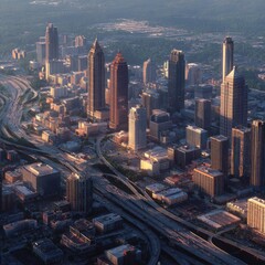 Aerial View of Urban Cityscape with Skyscrapers and Interstate Highways during Golden Hour in Atlanta, Georgia
