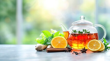 A refreshing composition of a glass teapot with amber tea, accompanied by fresh ingredients like lemon, ginger, cinnamon, star anise, and mint.