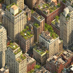 Aerial View of Urban Landscape with Rooftop Gardens Amidst Skyscrapers and Dense City Blocks in Bright Daylight