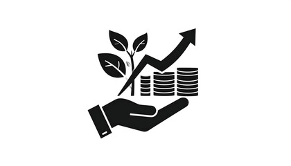 Black graphic depicts a hand cradling coins, plant, and growing upward arrow on white background