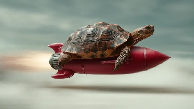 A determined turtle rides a red rocket through a windy sky, with sunset hues and motion across pale