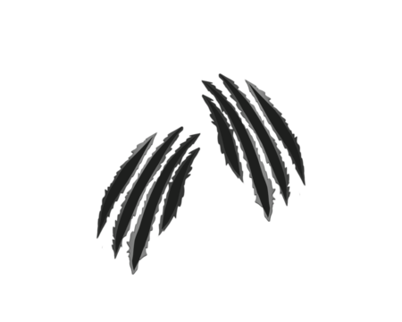 Sharp black claw scratch marks isolated on white background. Animal attack ripped scratch streaks for design, print, and digital art. Grunge aggressive scratch tear elements.