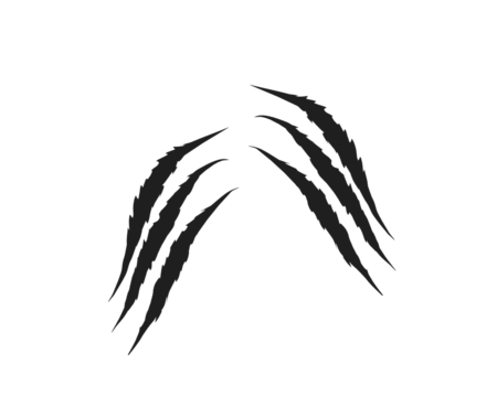Sharp black claw scratch marks isolated on white background. Animal attack ripped scratch streaks for design, print, and digital art. Grunge aggressive scratch tear elements.