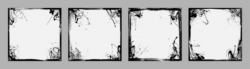 Vector illustration. Grunge overlay frame. Hand drawn abstract border set. Ink brush strokes edge with halftone dotted texture and paint splatter. Border layer on a transparent background