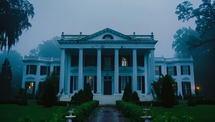 Obraz premium Eerie abandoned mansion enveloped in overgrown vines and fog a cinematic horror experience