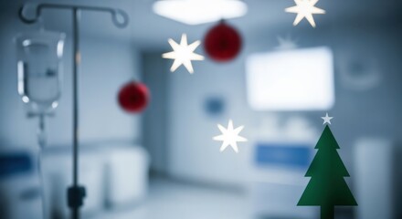 Christmas decorations bring a touch of holiday spirit to a blurred hospital room with an IV drip, symbolizing hope during the festive season