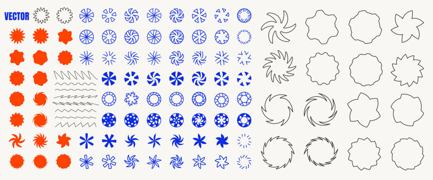 Vector illustration. Bundle of linear flat design elements for poster, book cover, frame, gift card, magazine. Simple minimalist line art wavy objects. Circle shapes in hipster geometric style