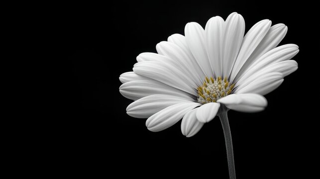 Elegant white daisy flower isolated on a black background showcasing intricate petals and vivid yellow center in a minimalist composition - Powered by Adobe