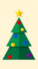 Obraz premium A green Christmas tree decorated with colorful ornaments and a yellow star on top