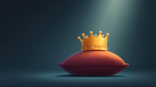 Elegant crown resting on a plush red pillow illuminated by soft light, creating a royal ambiance that evokes luxury and grandeur in a beautiful setting.
