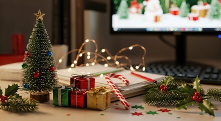 Festive Christmas Decorations on a Desk with Miniature Tree, Wrapped Gifts, and Twinkling Lights, Creating a Cozy Holiday Ambiance