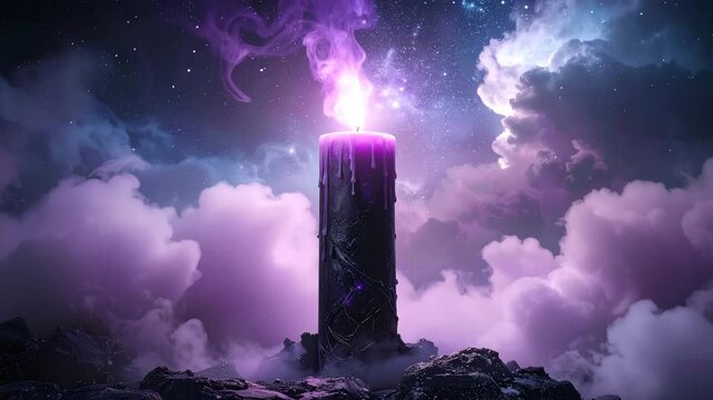 Mystical Candle in the Sky: A captivating image featuring a towering, vibrant candle atop a floating island, encircled by fluffy clouds, bathed in an ethereal, purple light, conveying themes of magic.