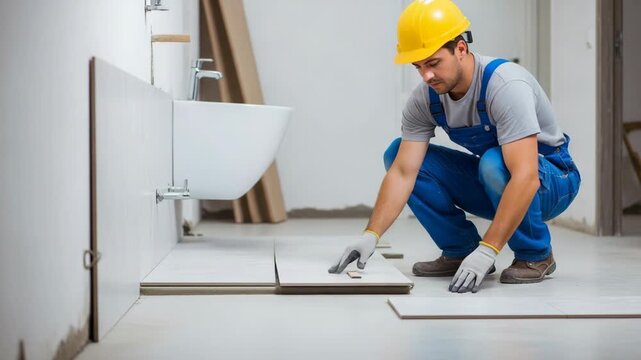 Expert craftsman installer builder worker executes precise domestic interior residential home improvement renovation remodeling tasks, meticulously laying bathroom floor tile with skill