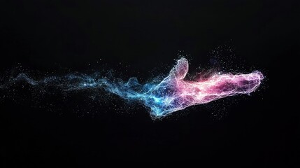 A luminous, abstract hand shape composed of glowing particles and lines, set against a dark void.