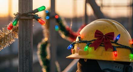 Yellow hard hat decorated with colorful Christmas lights and a red bow, symbolizing holiday spirit in a construction work environment at sunset.