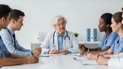 Elderly female doctor leads diverse medical team meeting, discussing patient care with focused expression. Collaboration and teamwork evident among healthcare professionals gathered around - Powered by Adobe