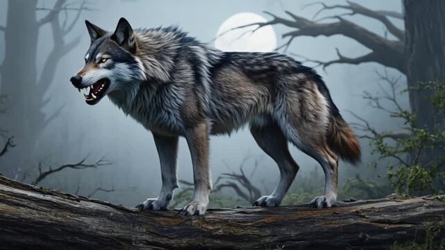 Wolf standing on a log with teeth bared in a foggy forest with a full moon behind it wolf video