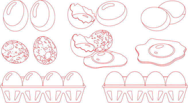 Red Outline Illustration Chicken Eggs, Fried Egg, Broken Eggs, Egg Carton, Variety of Stages