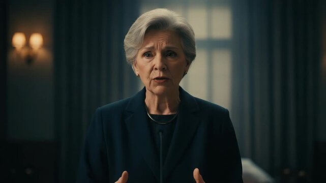 Elderly Woman, Thoughtful Contemplation, Concerned Worry, Formal Interior, Dim Light, Clasped Hands Conveying Deep Thought, Expressive Gestures of Passionate Conviction, Focused Determination
