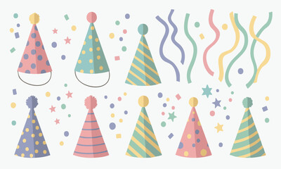 Vibrant collection of festive party hats, confetti, and streamers, perfect for birthday celebrations and joyful events with colorful decorations