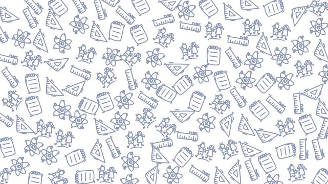 A detailed seamless pattern featuring educational supplies like notebooks, pens, pencils, rulers, and more for creative design projects and educational themes.