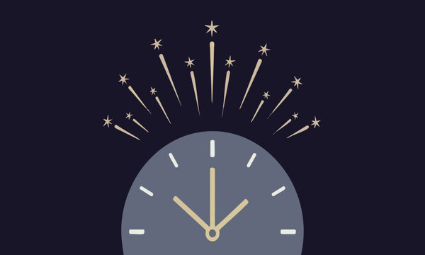 Midnight countdown to a sparkling New Year with festive firework bursts and a celebratory clock