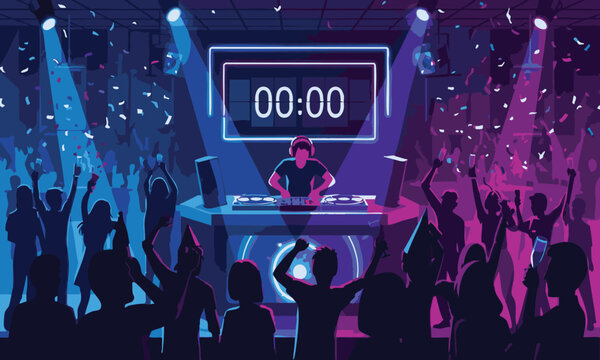 Electric Nightclub Party Scene with DJ, Countdown Timer, and Enthusiastic Revelers