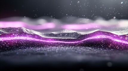 Abstract waves of glowing purple light and shimmering particles flow across a dark, textured surface, creating a sense of depth and movement.