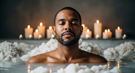 A tranquil bearded man finding inner peace and serenity while meditating in a luxurious, therapeutic salt bath surrounded by the warm glow of many candles