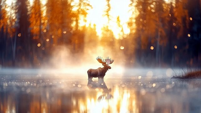 A majestic bull moose stands in a misty lake during sunrise, with a golden autumn forest in the background.
