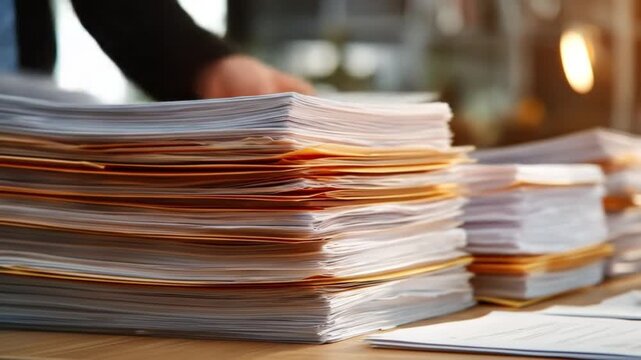 Stacks of papers and folders on a desk, under warm lighting; blurred background, busy office scene