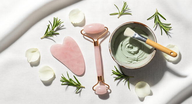 Pink quartz Gua Sha stone and facial roller with clay mask bowl and rosemary on white background, natural skin care treatment, spa and wellness concept.