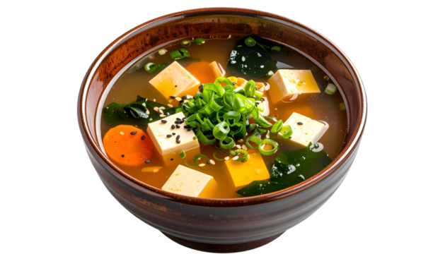 Miso soup with tofu, seaweed, carrots, and green onions - Powered by Adobe