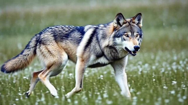 Gray wolf standing alert in a grassy field with small white flowers and blurred background wolf video