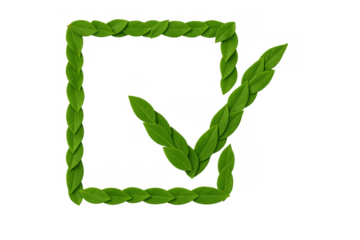 Green leaves forming a checkmark and checkbox, representing ecology, sustainability, and making an environmentally conscious decision