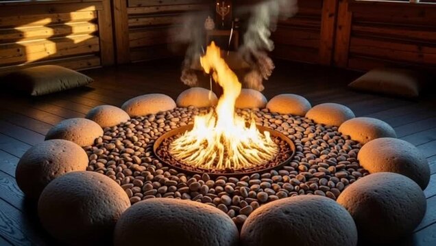 Fire pit indoors is a ground-level round fire feature surrounded by large stones