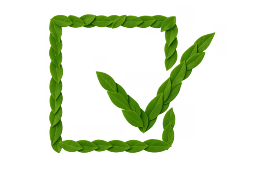 Green leaves forming a checkmark and checkbox, representing ecology, sustainability, and making an environmentally conscious decision