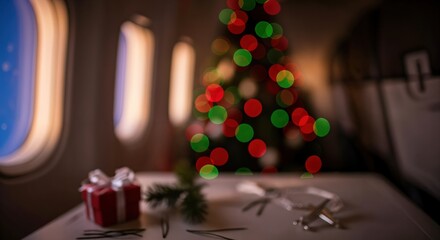 Festive Christmas decorations and a small gift on an airplane tray table during holiday travel, with a blurred Christmas tree in the background.