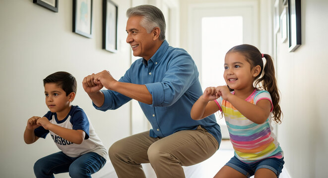 A happy senior man exercising with his two young grandchildren, doing squats together at home for a healthy family fitness routine - Powered by Adobe