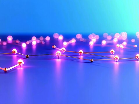 A network of small, glowing pink spheres connected by thin, metallic lines, set against a gradient blue background with bokeh effects.