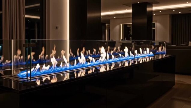 Fire pit indoors shows a row of multiple small gas flames in a commercial setting