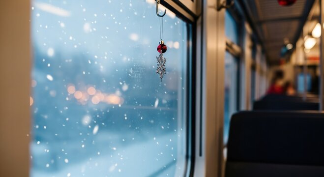 Cozy winter train ride with snow falling outside the window and a festive snowflake ornament hanging inside, evoking holiday travel.