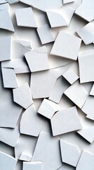 A close-up, overhead view of numerous irregular, broken white ceramic tile fragments arranged in a chaotic yet visually appealing pattern.