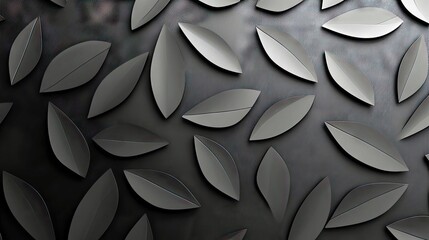 A repeating pattern of stylized, metallic leaves with a subtle sheen, arranged in an overlapping, organic composition on a dark, textured surface.