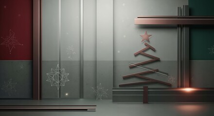 Modern minimalist Christmas background with abstract wooden tree and geometric star patterns for elegant holiday design.