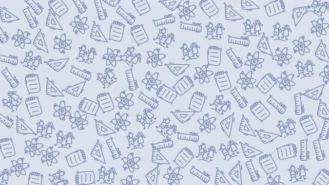 A detailed seamless pattern of various stationery items including pens, pencils, rulers, and paper clips on a light textured background, ideal for creative and educational projects.