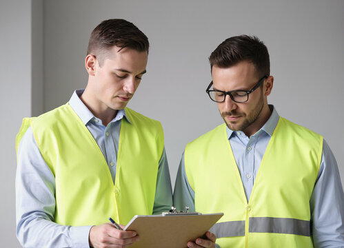 Two male warehouse managers reviewing clipboard checklist, safety vests, logistics - Powered by Adobe
